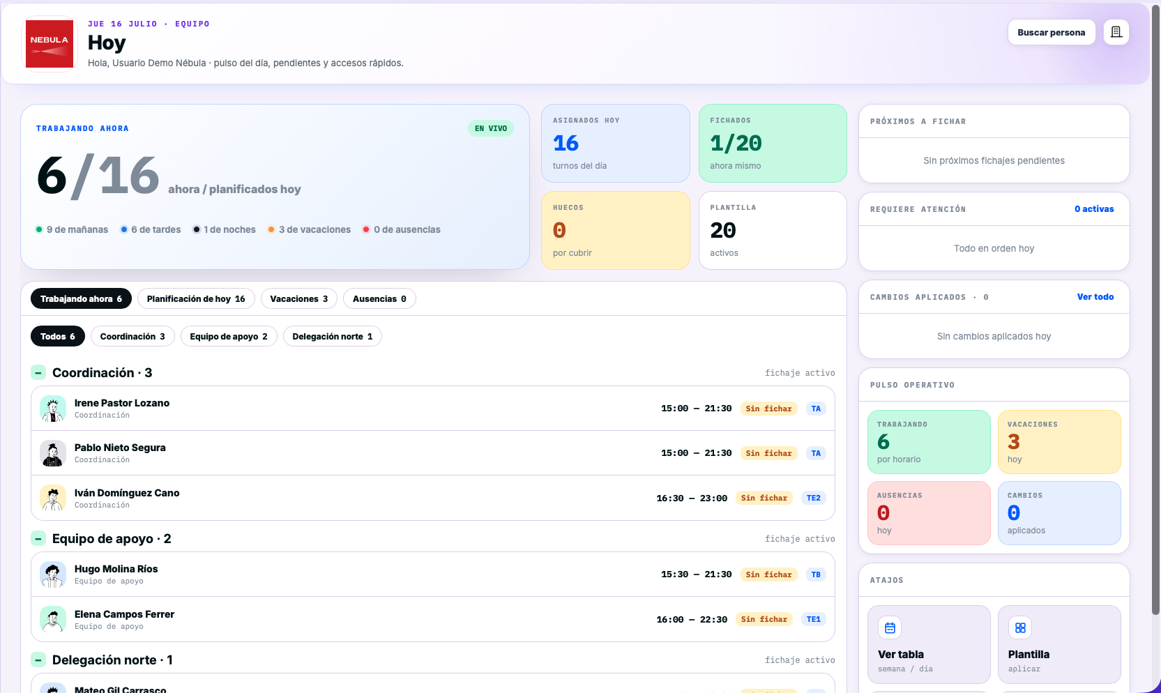Vista real del equipo de hoy en planifly