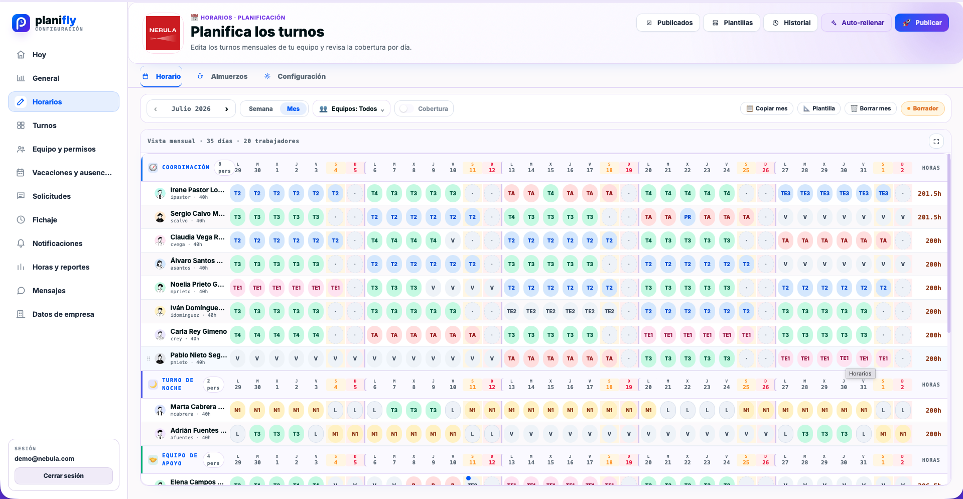 Planificación mensual real de horarios en planifly