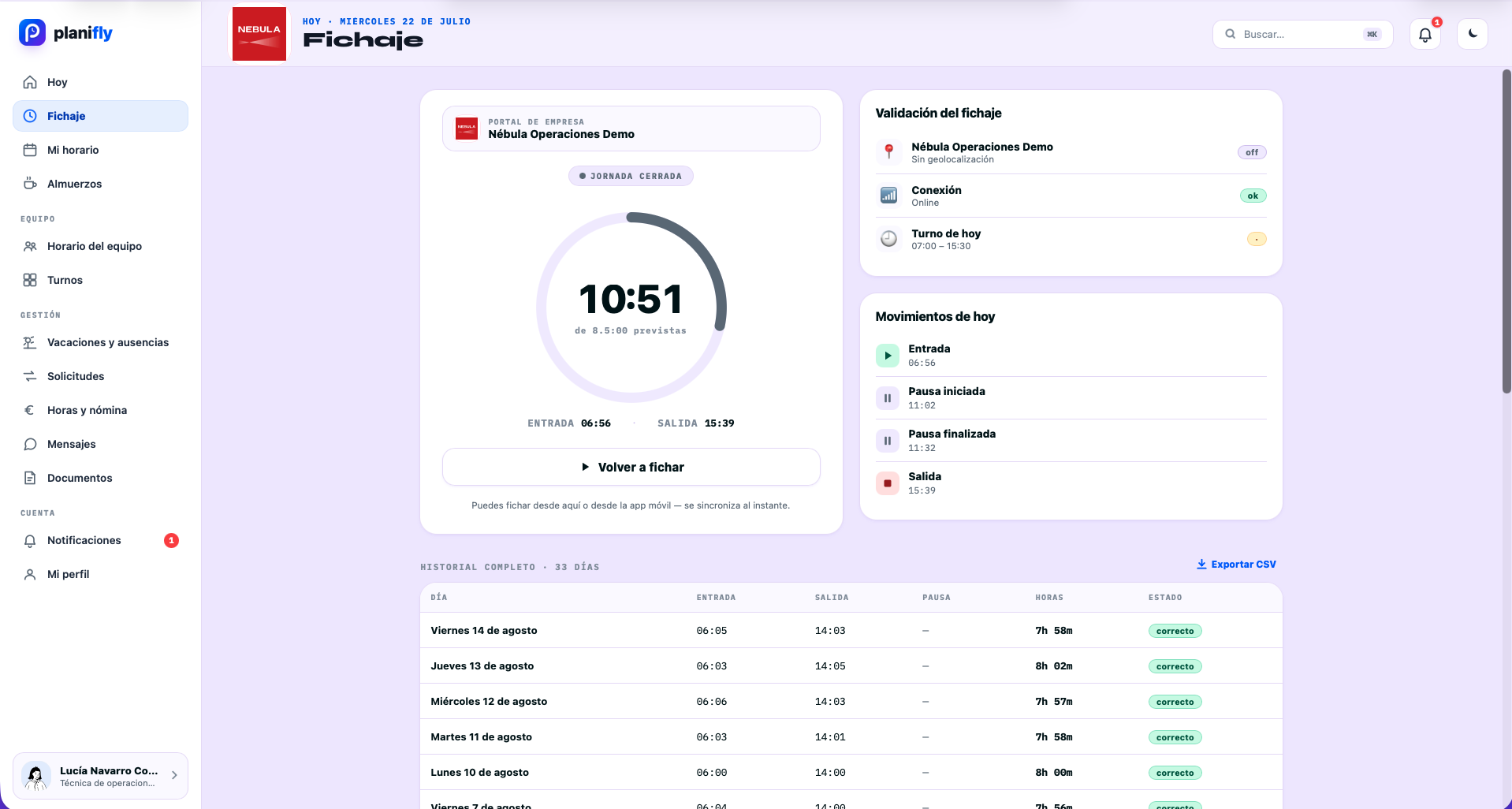 Fichaje real del trabajador en planifly