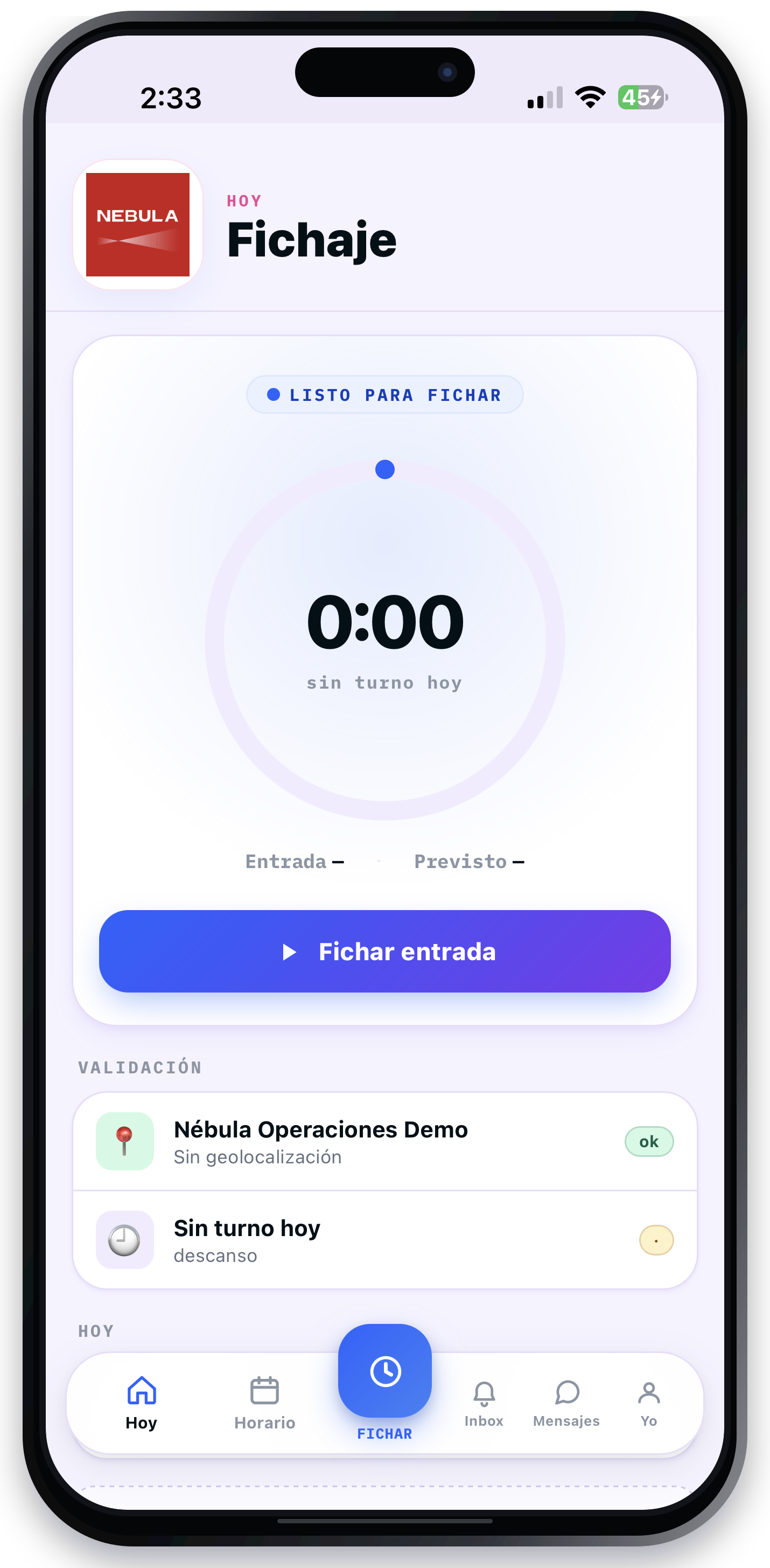 Fichaje real del trabajador en planifly dentro de un iPhone