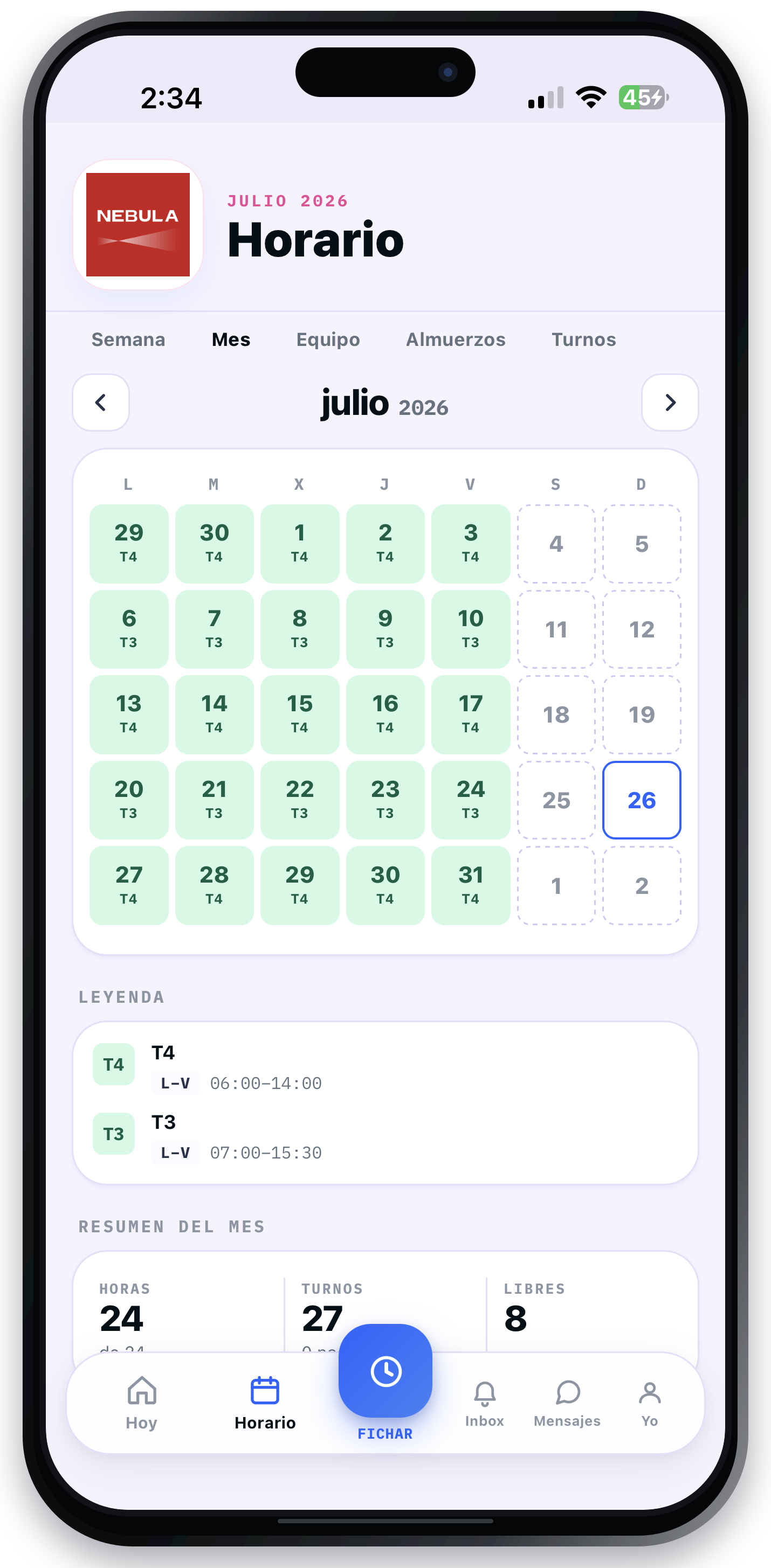 Horario mensual real del trabajador en planifly dentro de un iPhone